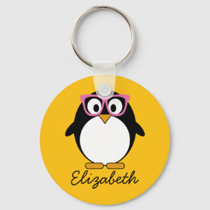 Hipster Penguin - Cute Cartoon Yellow Pink Keychain