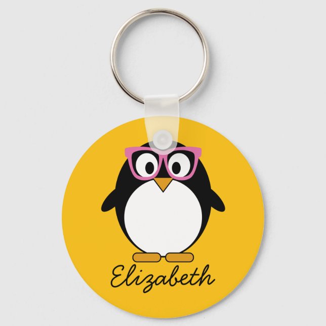 Hipster Penguin - Cute Cartoon Yellow Pink Keychain (Front)