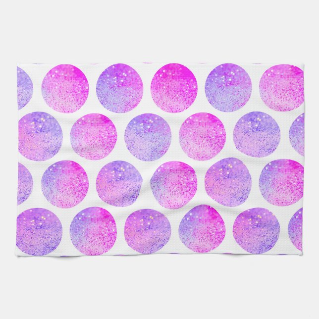 Hipster pink purple faux glitter polka dots kitchen towel (Horizontal)