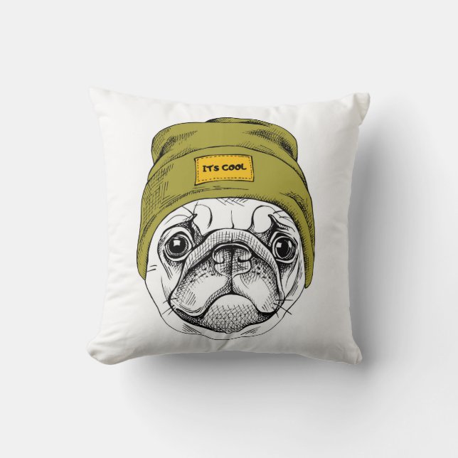 Hipster Pug | It's Cool Throw Pillow (Front)