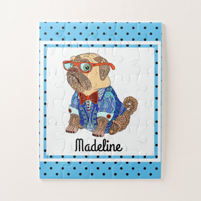 Hipster Pug on Polka Dots, Personalized Kids Jigsaw Puzzle (Vertical)