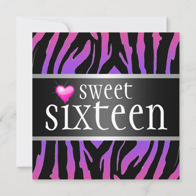 Hipster Purple Zebra Sweet Sixteen Invitation (Front)