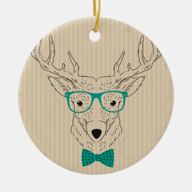 Hipster Reindeer Elk with glasses grungy Christmas Ceramic Ornament (Front)