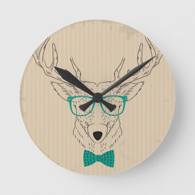 Hipster Reindeer Elk with glasses grungy Christmas Round Clock (Front)