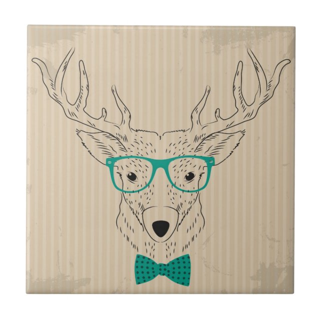 Hipster Reindeer Elk with glasses grungy Christmas Tile (Front)