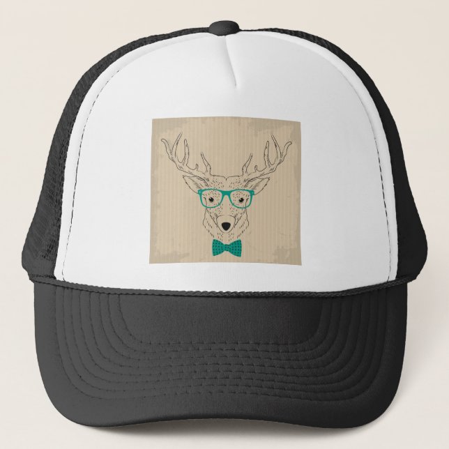 Hipster Reindeer Elk with glasses grungy Christmas Trucker Hat (Front)