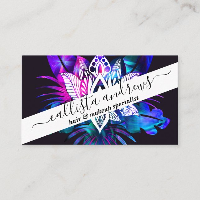 Hipster Retro Tech Teal Purple Lotus Flower Leaf Business Card (Front)