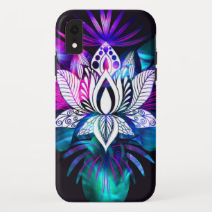 Hipster Retro Tech Teal Purple Lotus Flower Leaf iPhone XR Case