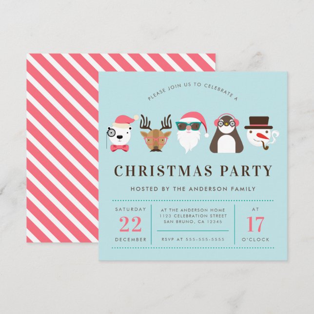 Hipster Santa & Friends Christmas Party Invitation (Front/Back)