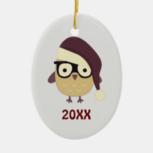 Hipster Santa Owl Ceramic Ornament
