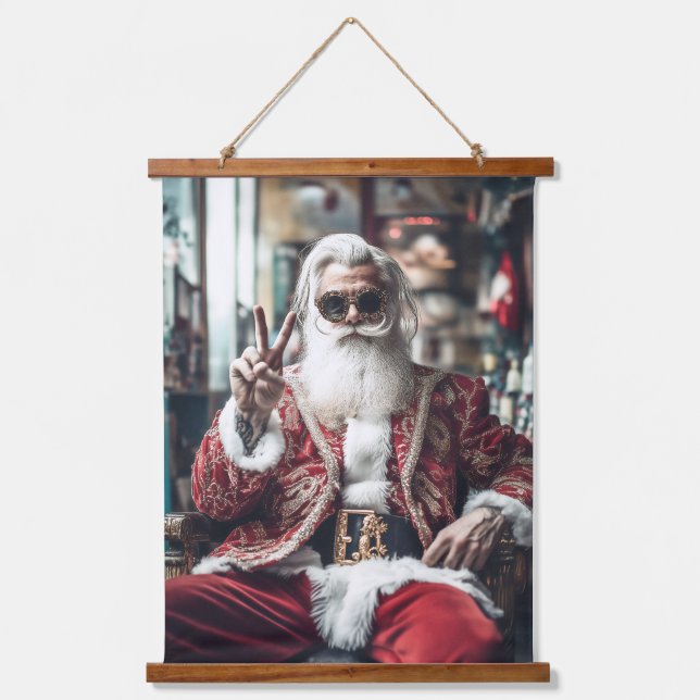 Hipster Santa Strikes a Pose Peace Holiday Vibes Hanging Tapestry (Front)