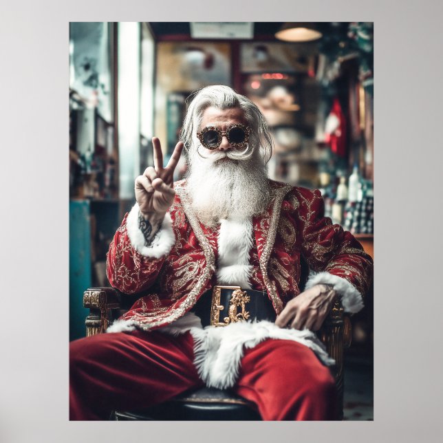 Hipster Santa Strikes a Pose Peace Holiday Vibes Poster (Front)
