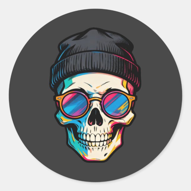 Hipster Skull Cap Classic Round Sticker (Front)