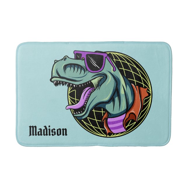 Hipster T-Rex custom name & colour bath mats (Front)
