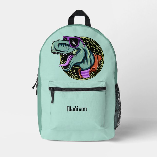 Hipster T-Rex custom name & colour Printed Backpack (Front)