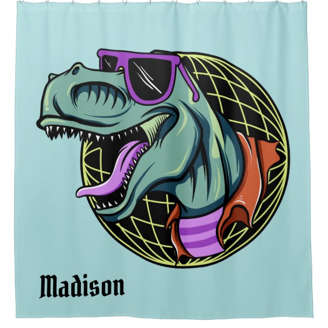 Hipster T-Rex custom name & colour shower curtain (Front)