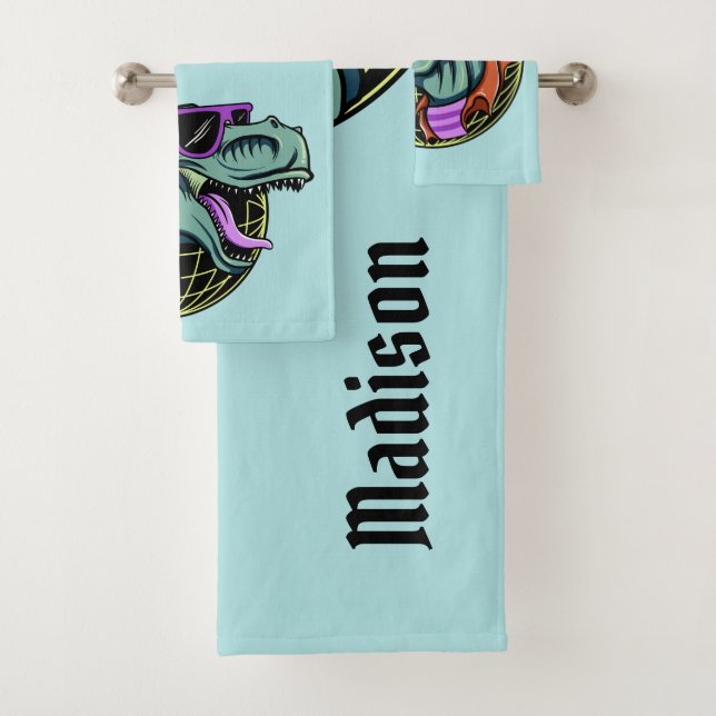 Hipster T-Rex custom name & colour towel set (Insitu)