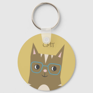 Hipster Tabby Cat with Glasses   Monogram Keychain