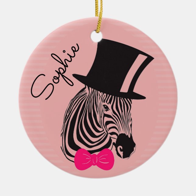 Hipster Zebra with top hat and Bow Tie name Ceramic Ornament (Front)