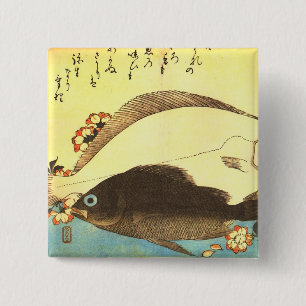 Hirame & Mebaru - Hiroshige's Japanese Fish Print 2 Inch Square Button