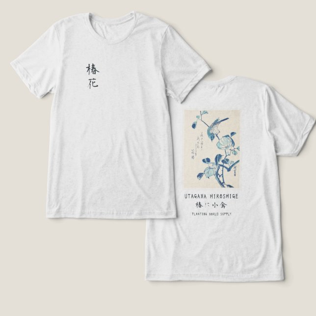Hiroshige Camellia and Bird Ukiyo-e Art Offwhite Tri-Blend Shirt (Design Front & Back)