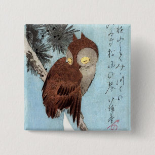 Hiroshige - Horned Owl, Pine, and Crescent Moon 2 Inch Square Button