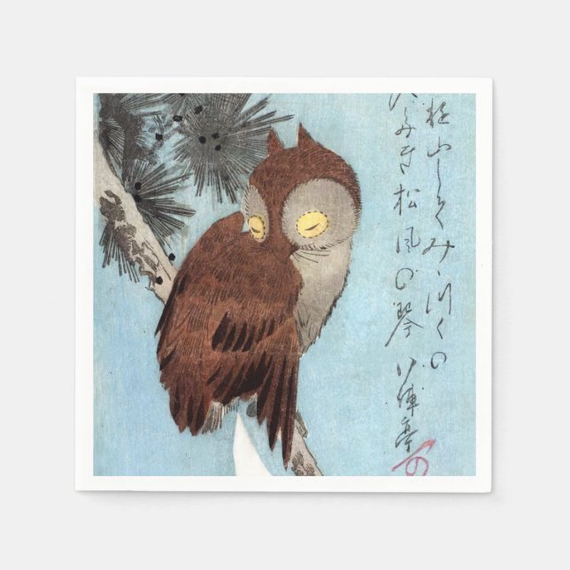 Hiroshige - Horned Owl, Pine, and Crescent Moon Napkin (Front)