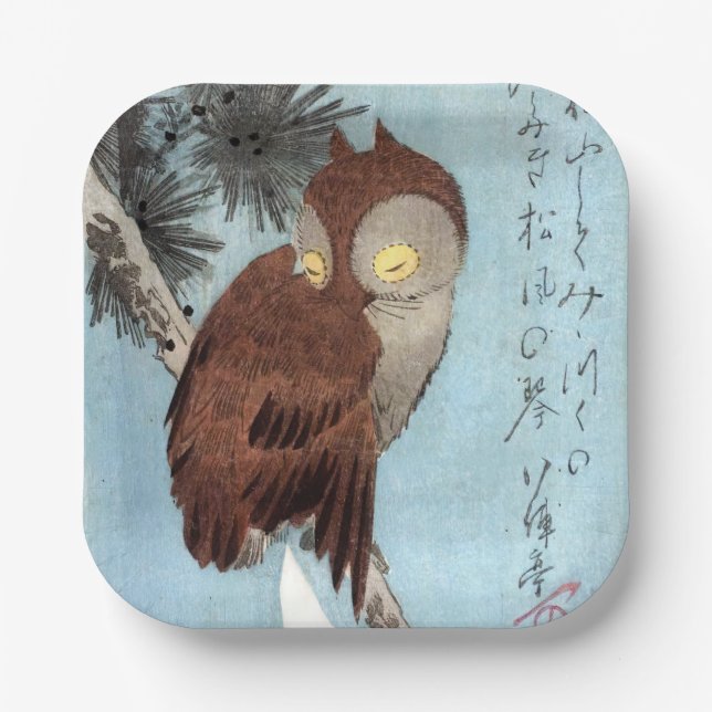 Hiroshige - Horned Owl, Pine, and Crescent Moon Paper Plate (Front)