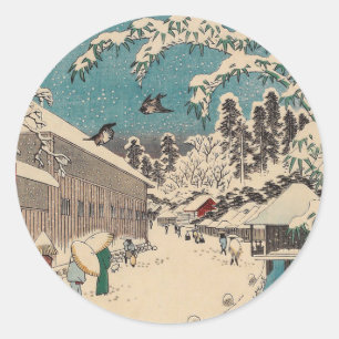 Hiroshige winter landscape japan ukiyo-e antique classic round sticker