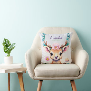 Hirsch mit Blumen - Wasserfarbe Kindermotiv Throw Pillow