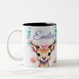 Hirsch mit Blumen - Wasserfarbe Kindermotiv Two-Tone Coffee Mug
