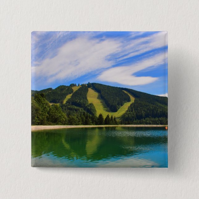 Hirschenkogel in Summer - Water Reflections 2 Inch Square Button (Front)
