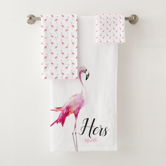 His and Her Custom Name Tropical Flamingo Themed Bath Towel Set (Insitu)