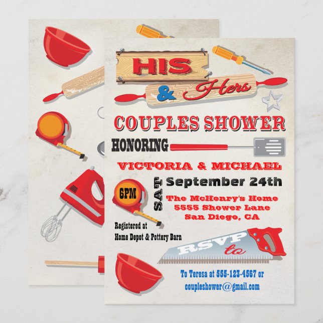 His and Hers Couples Tools Kitchen Shower Invites (Front/Back)