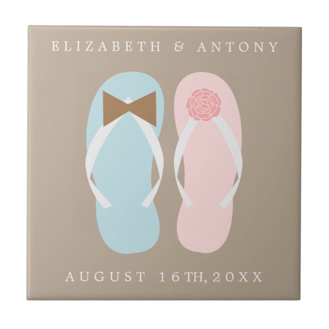 His and Hers Flip Flops Beach Wedding Tile (Front)