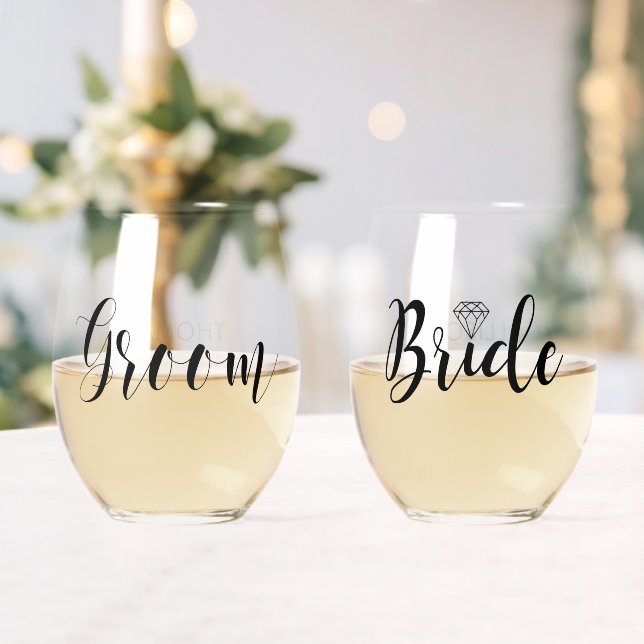 His and Hers "Groom and Bride" Personalized Stemless Wine Glass (Insitu (Wedding))
