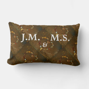 His and Hers Initials Heart of pebbles on Beach Lumbar Pillow