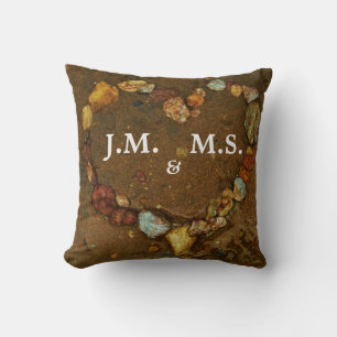 His and Hers Initials Heart of pebbles on Beach Throw Pillow