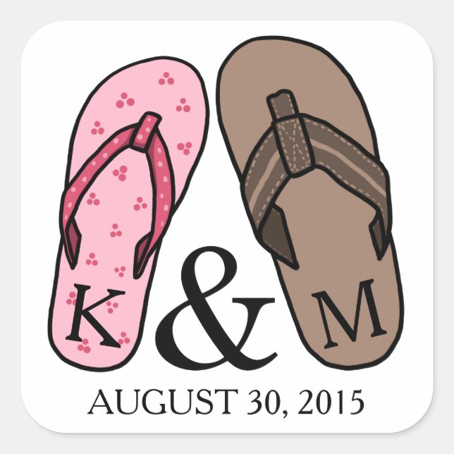 His and Hers Monogrammed Wedding Flip Flops Square Sticker (Front)