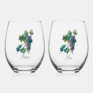 "His and Hers" Stemless Wine Glasses w Grapes