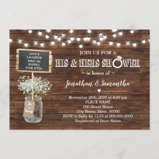 His and hers wedding shower rustic barn invitation