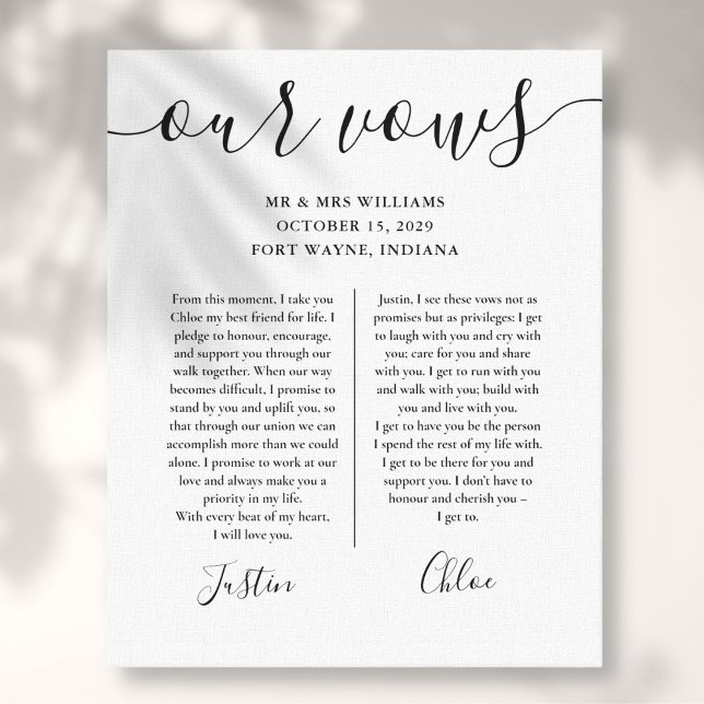 His And Hers Wedding Vows Black And White Script Canvas Print (His And Hers Wedding Vows Black And White Script Canvas Print)