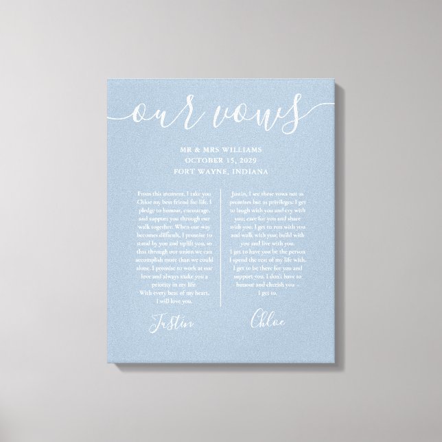His And Hers Wedding Vows Dusty Blue Script Canvas Print (Front)