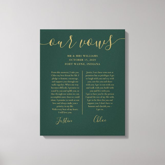 His And Hers Wedding Vows Emerald And Gold Canvas Print (Front)