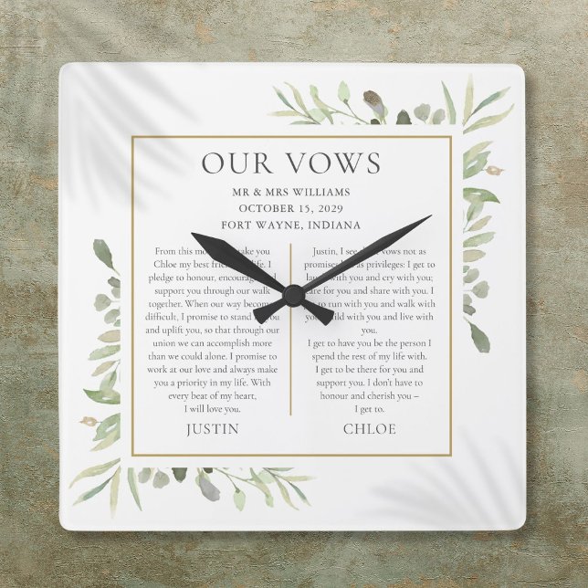 His And Hers Wedding Vows Greenery Foliage Square Wall Clock (His And Hers Wedding Vows Greenery Foliage Square Wall Clock)