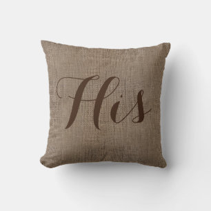 His Burlap-Look Rustic Wedding Keepsake His/Hers Throw Pillow