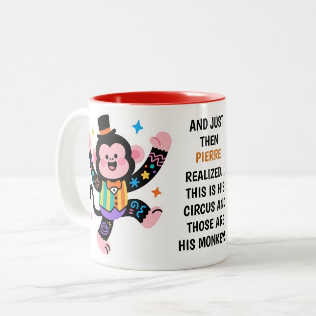 (His) Funny Personalized Circus Monkeys Two-Tone Coffee Mug (Front Left)