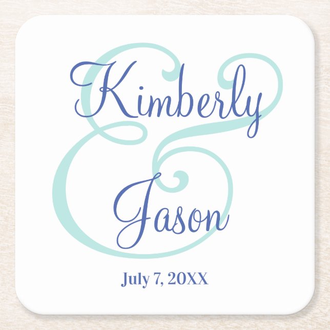 His & Her Blue Script Names, Pale Teal Ampersand Square Paper Coaster (Front)