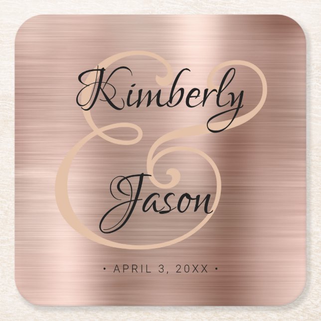His & Her Names, Brushed Rose Gold Metal Wedding Square Paper Coaster (Front)