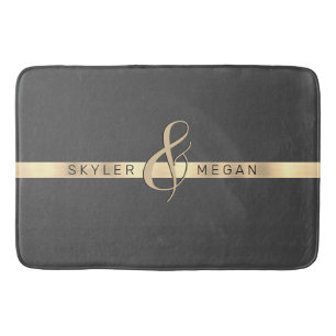 His & Her Names, Gold Stripe on Dark Grey Bath Mat